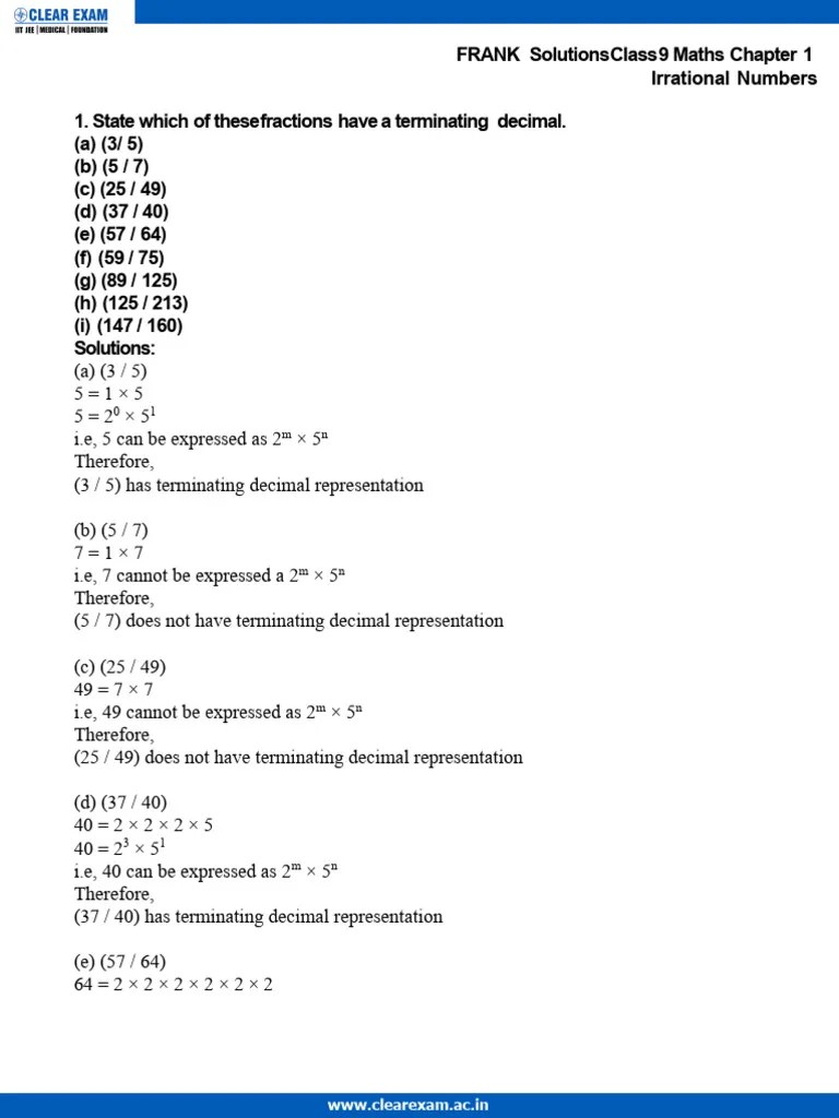 Frank Solutions Dec2020 Class 9 Maths Chapter 1 | PDF