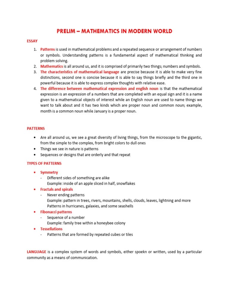 Prelim Reviewer For Mathematics In Modern World | PDF | Pattern | Mathematics