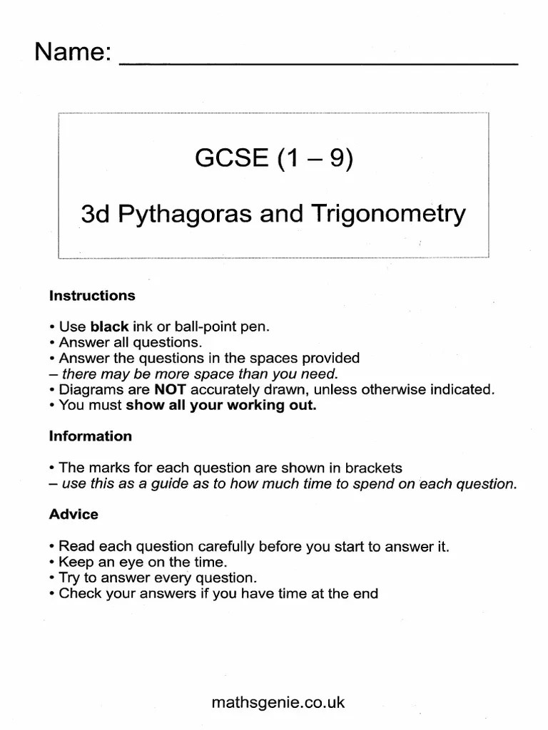 3d Pythagoras And Trigonometry Answers | PDF