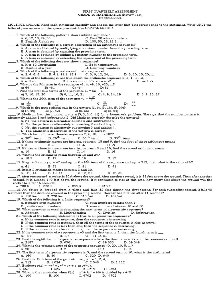 1st Quarterly Review Test Pdf