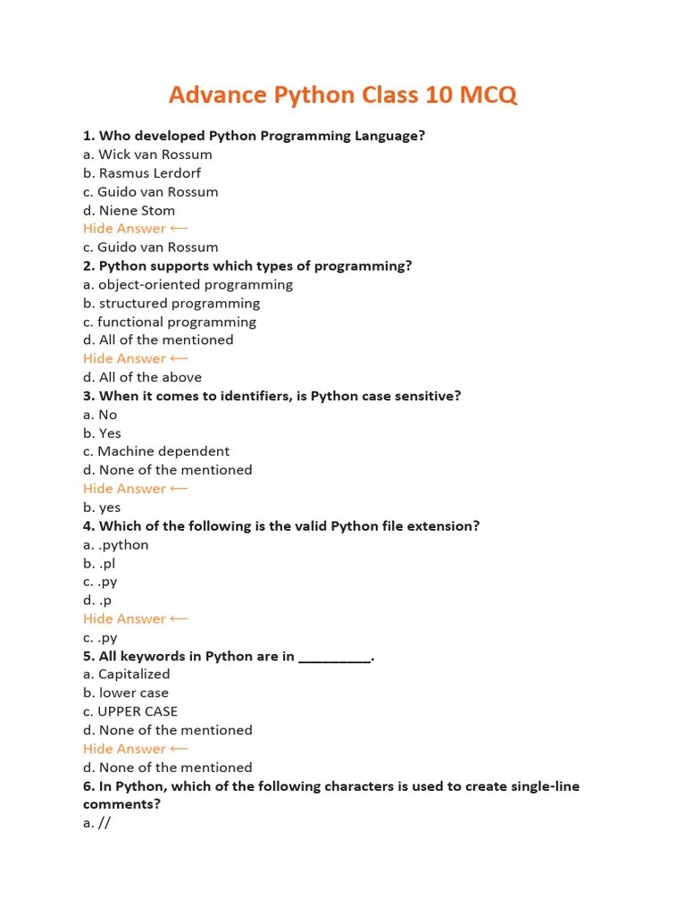 Advance Python Class 10MCQ | PDF