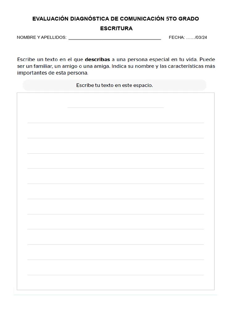Evaluación Diagnóstica De Comunicación - Escritura - 5to Grado | PDF