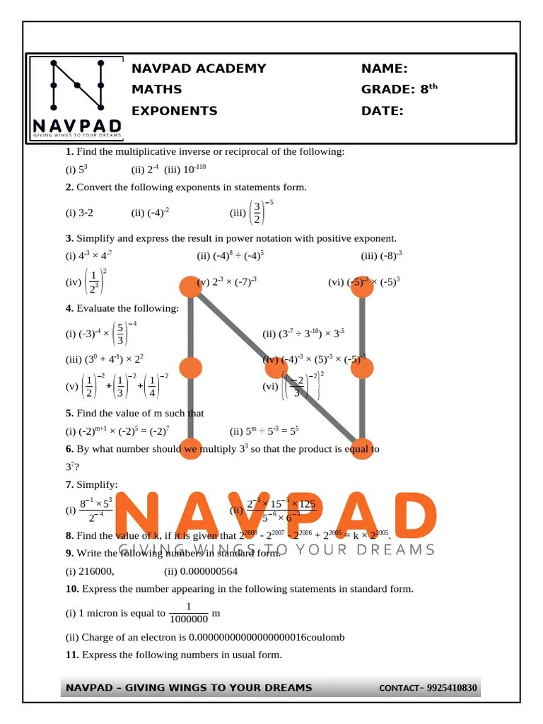 Class 8 Exponents | PDF | Exponentiation | Mathematics