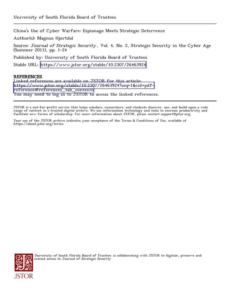 Hjortdal (2011) - China's Use Of Cyber Warfare - Espionage Meets Strategic Deterrence | PDF