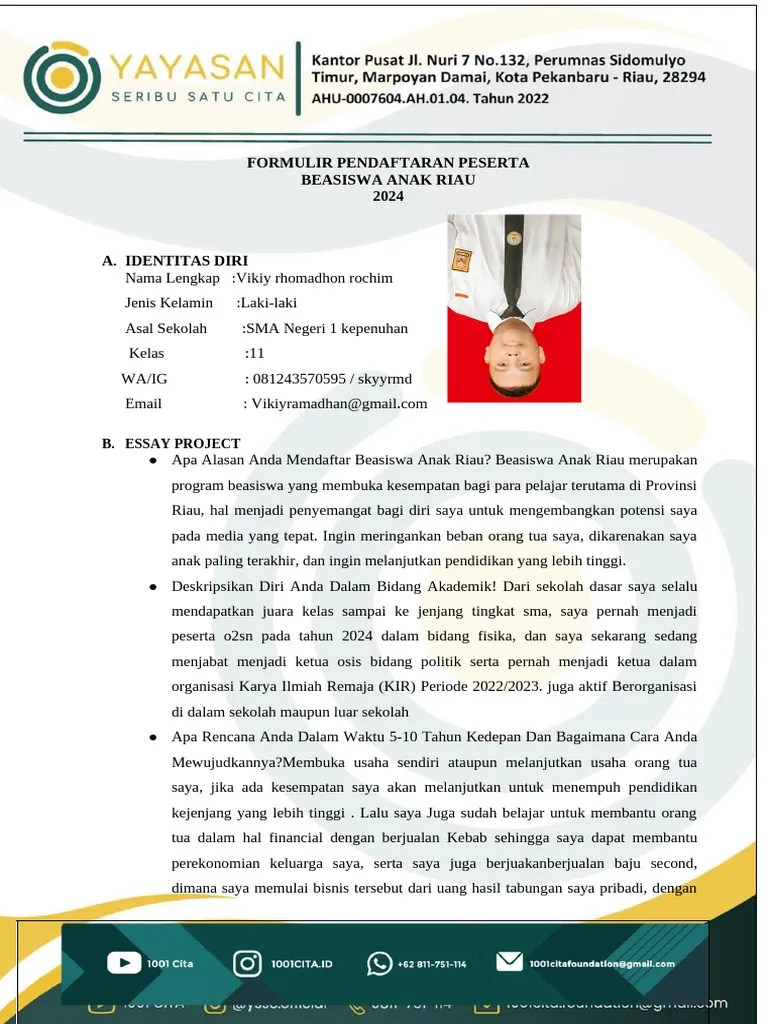 Formulir Pendaftaran Beasiswa Anak Riau 2024-1 | PDF