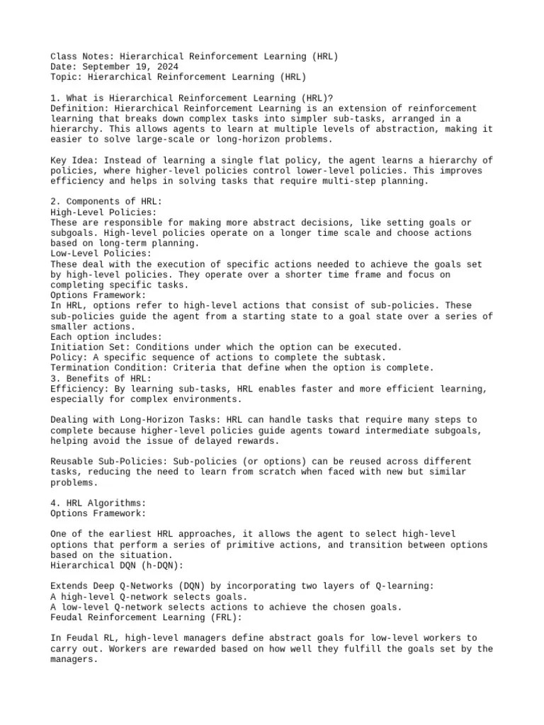 Class Notes Hierarchical Reinforcement Learning (HRL) | PDF