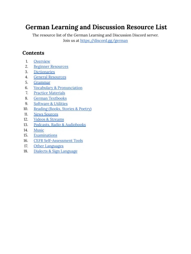 German Learning And Discussion Resource List | PDF