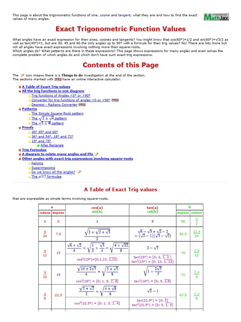 Exact Trig Values | PDF | Trigonometric Functions | Trigonometry
