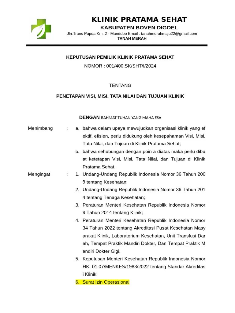 1.1.a. SK VISI MISI, TATA NILAI DAN TUJUAN KLINIK | PDF
