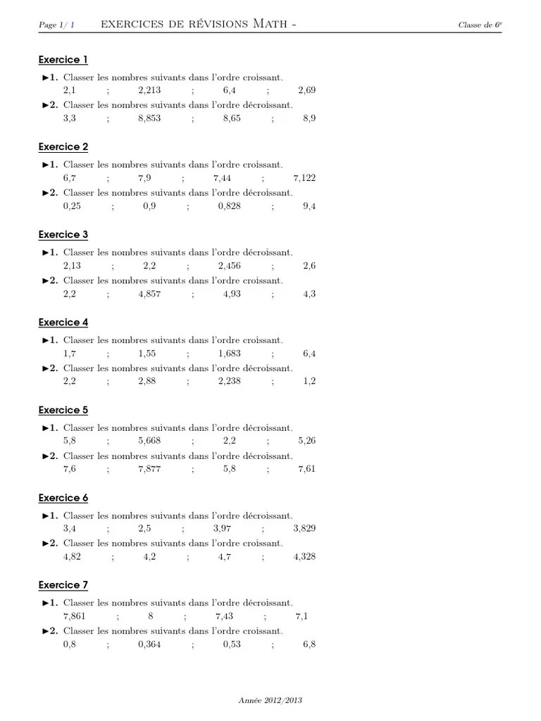 Classer Les Nombres Decimaux Serie D Exercices 2 | PDF