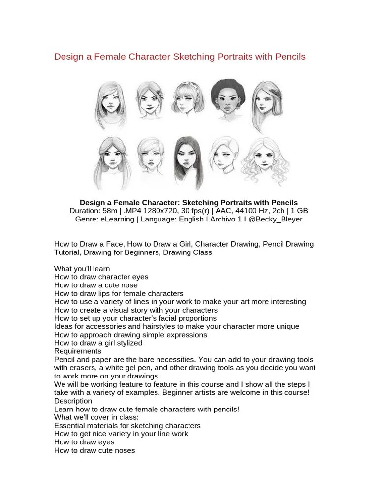 Design A Female Character Sketching Portraits With Pencils | PDF