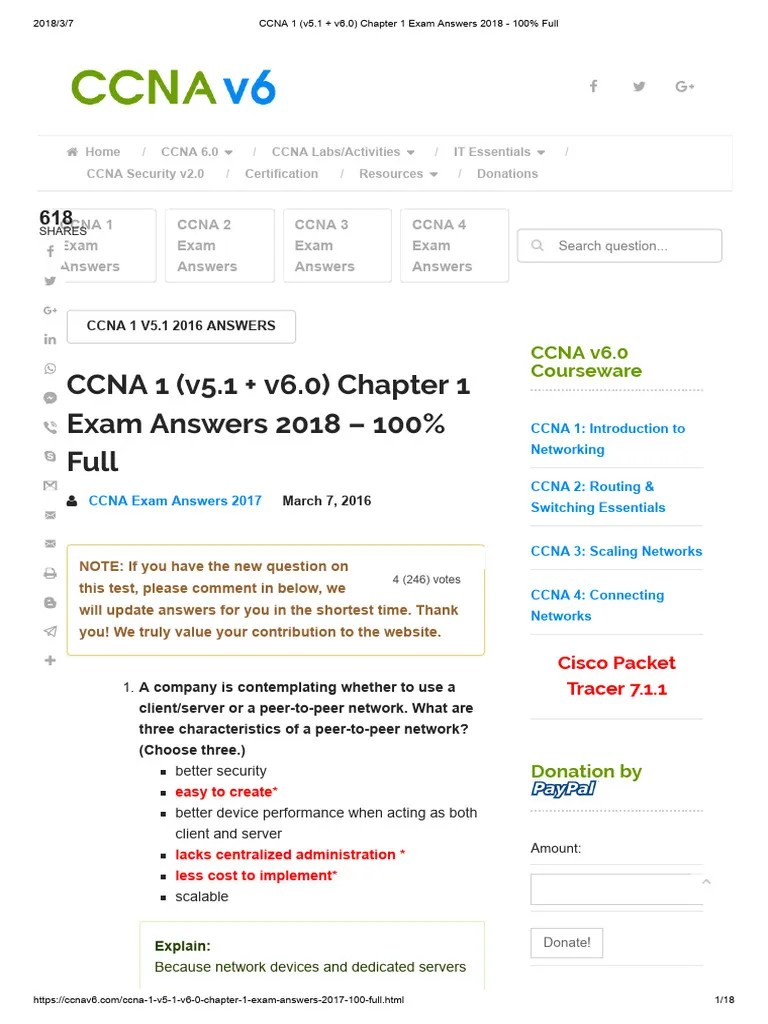 CCNA 1 (v5.1 + V6.0) Chapter 1 Exam Answers 2018 - 100 - Full | PDF ...