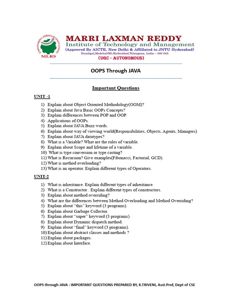 OOPS Through JAVA Important Questions | PDF | Method (Computer ...