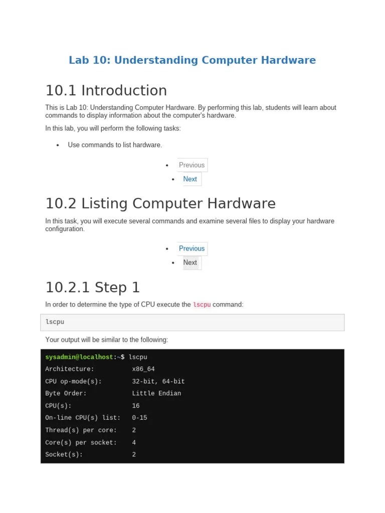 Lab 10 - Understanding Computer Hardware | PDF