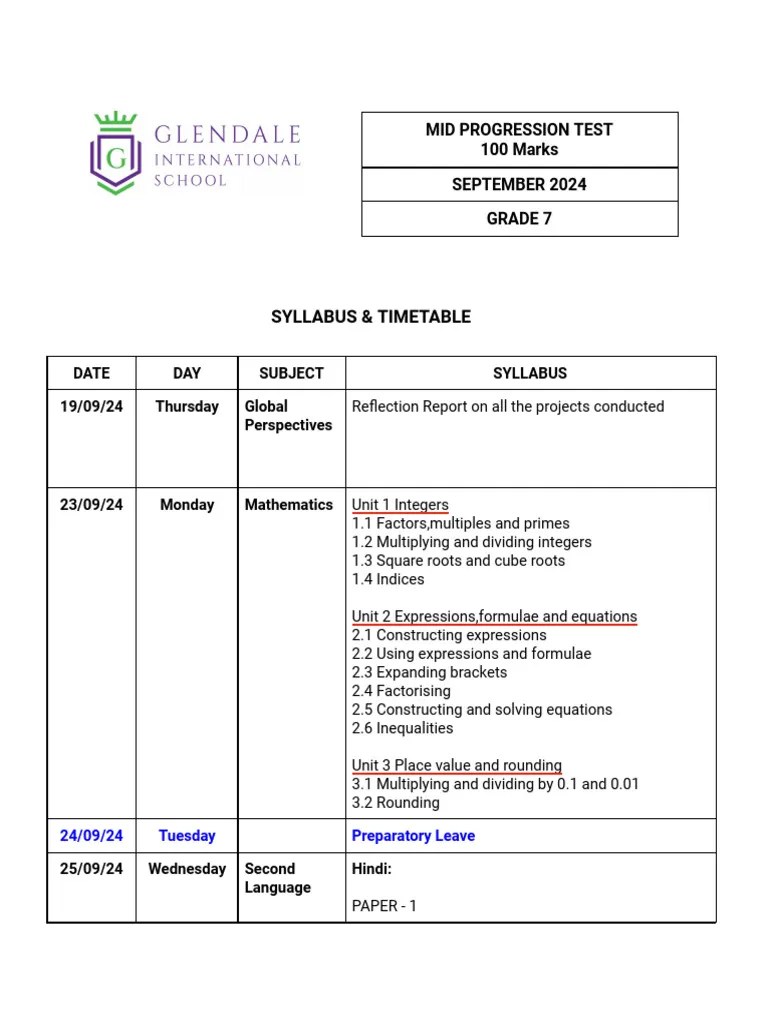 GIC MPT Timetable&Syllabus Grade7 2024-25 | PDF