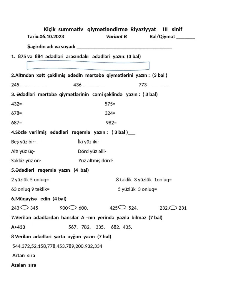 3 Cü S.riyaziyyat KSQ 1. B | PDF
