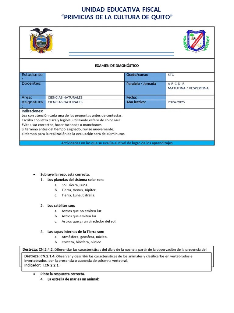 EVALUACION DIAGNOSTICA CCNN QUINTOS | PDF