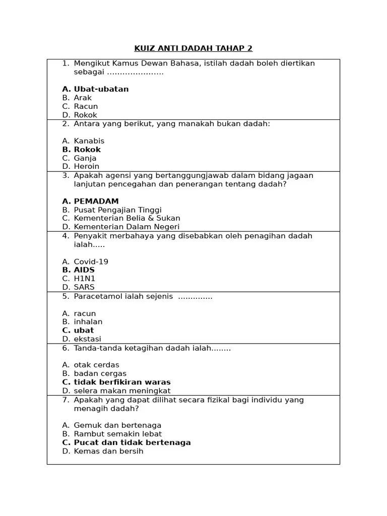 KUIZ ANTI DADAH TAHAP 2 | PDF