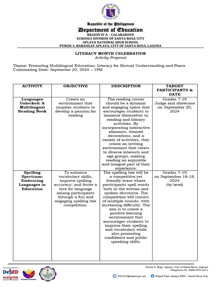 Literacy Month Activities Proposal Pdf Multilingualism Creativity