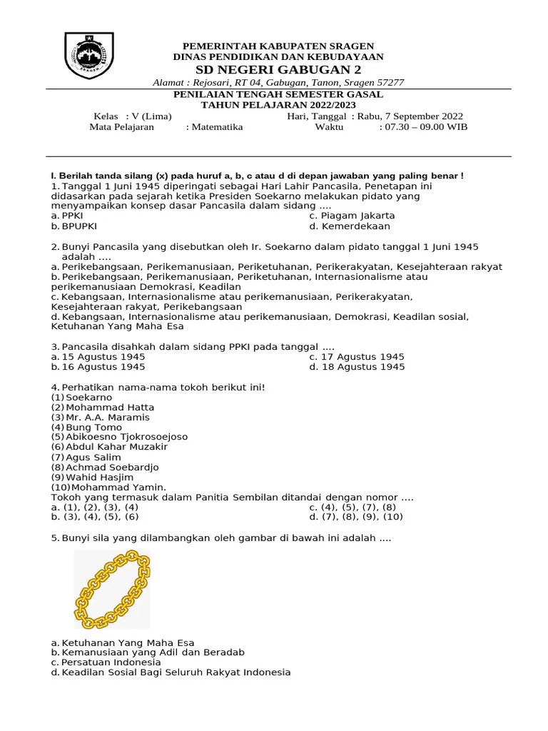 Soal PTS-STS Pendidikan Pancasila Kelas 5 Semester 1 Kurikulum Merdeka ...
