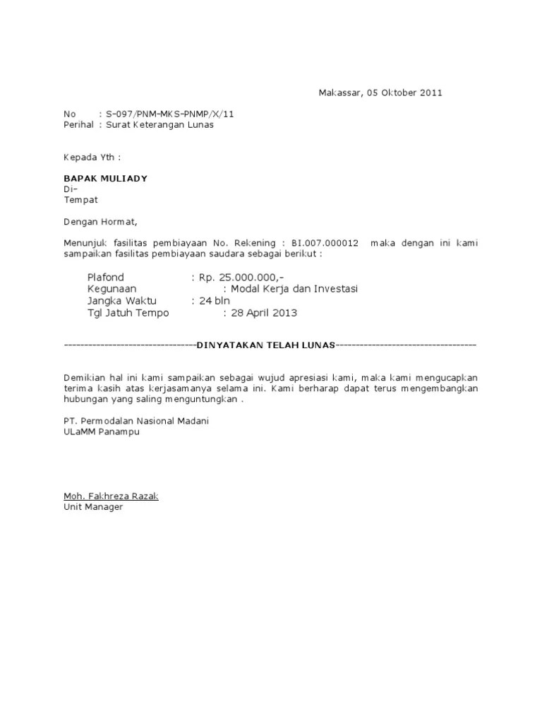 Surat lunas bri | pdf. Contoh Surat Keterangan Lunas Pinjaman Bank Bri