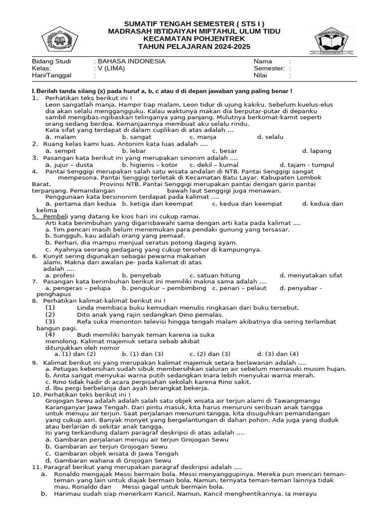 Soal PTS-STS Bahasa Indonesia Kelas 5 Semester 1 Kurikulum Merdeka T.A ...