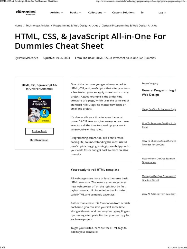 HTML, CSS, & JavaScript All-In-One For Dummies Cheat Sheet | PDF | Html | Web Design