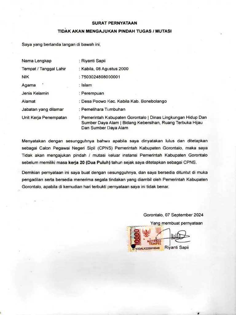 Surat Pernyataan Tidak Pindah Tugas Riyanti Sapii | PDF