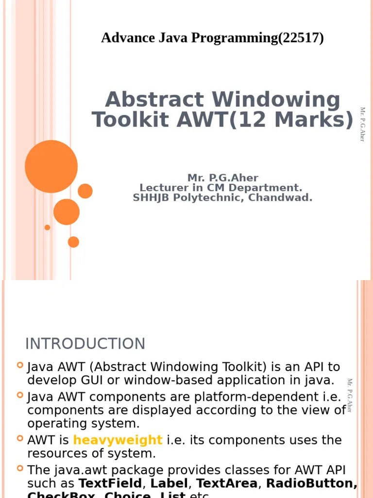 Abstract Windowing Toolkit AWT (12 Marks) : Advance Java Programming ...