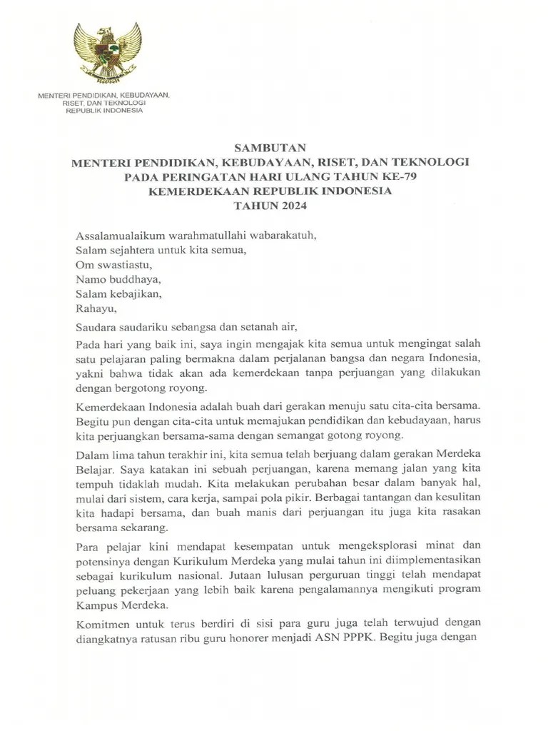 Sambutan Mendikbudristek Pada Peringatan HUT Ke-79 Kemerdekaan Republik ...