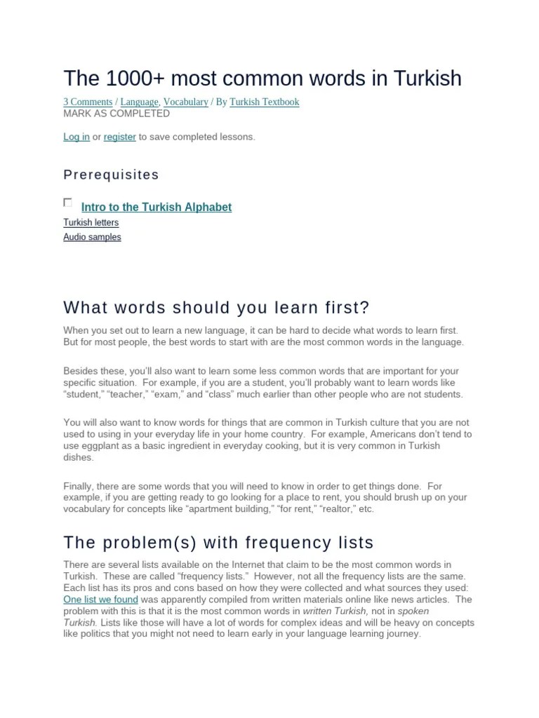 1000+ Most Common Words In Turkish | PDF