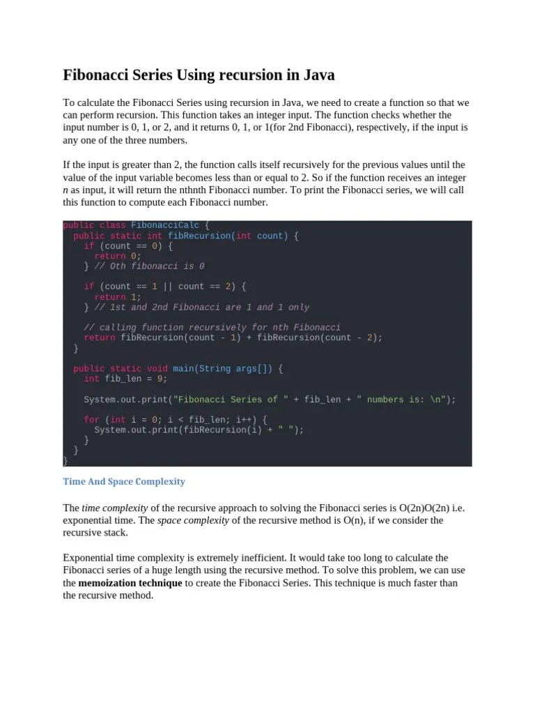 Fibonacci Series Using Recursion In Java | PDF