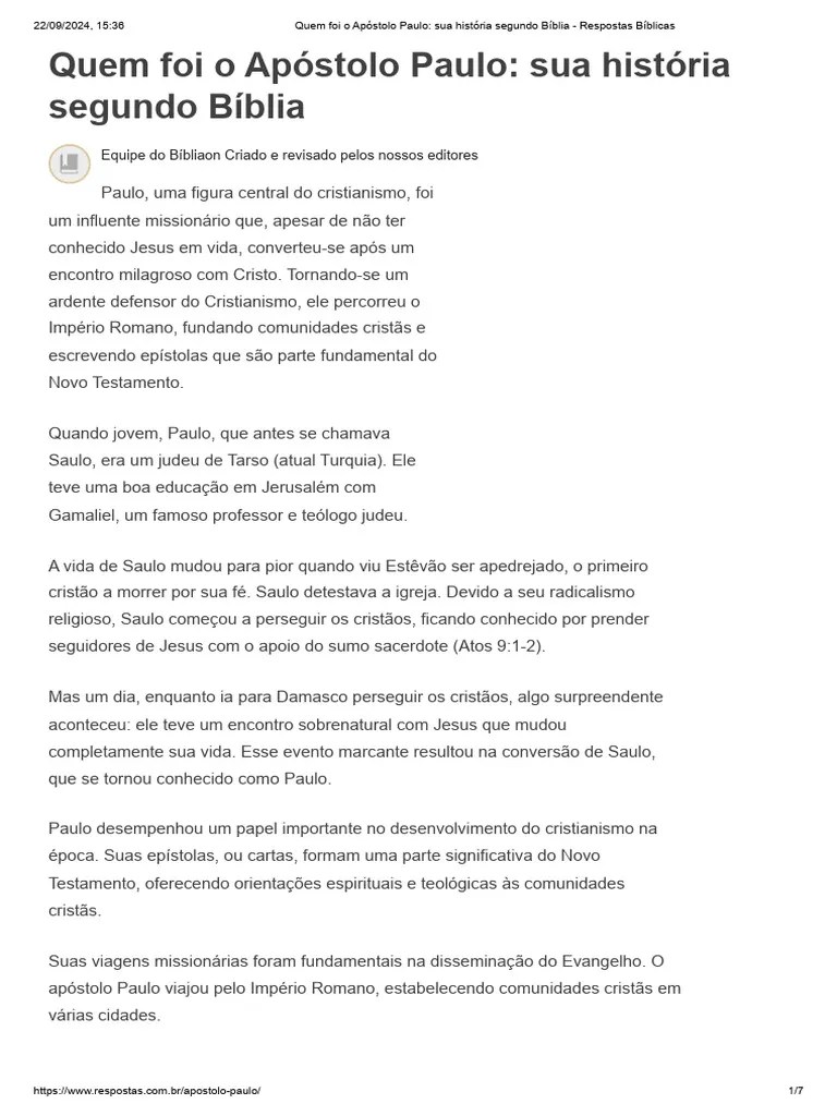 Quem Foi O Apóstolo Paulo - Sua História Segundo Bíblia - Respostas Bíblicas | PDF