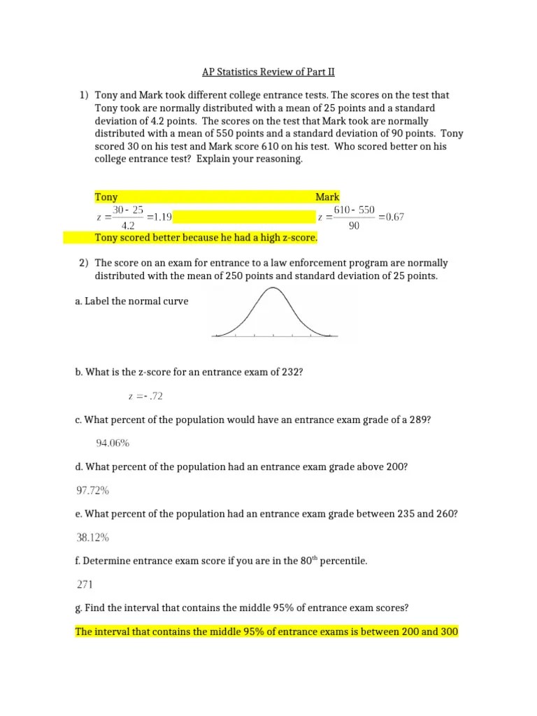 Answers AP Statistics Review Of Part II | PDF