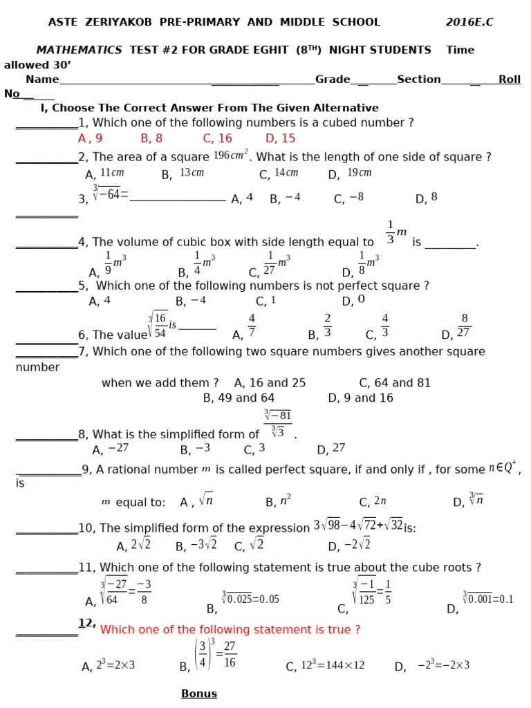 MATHS TEST 2 Grade 8 Night | PDF