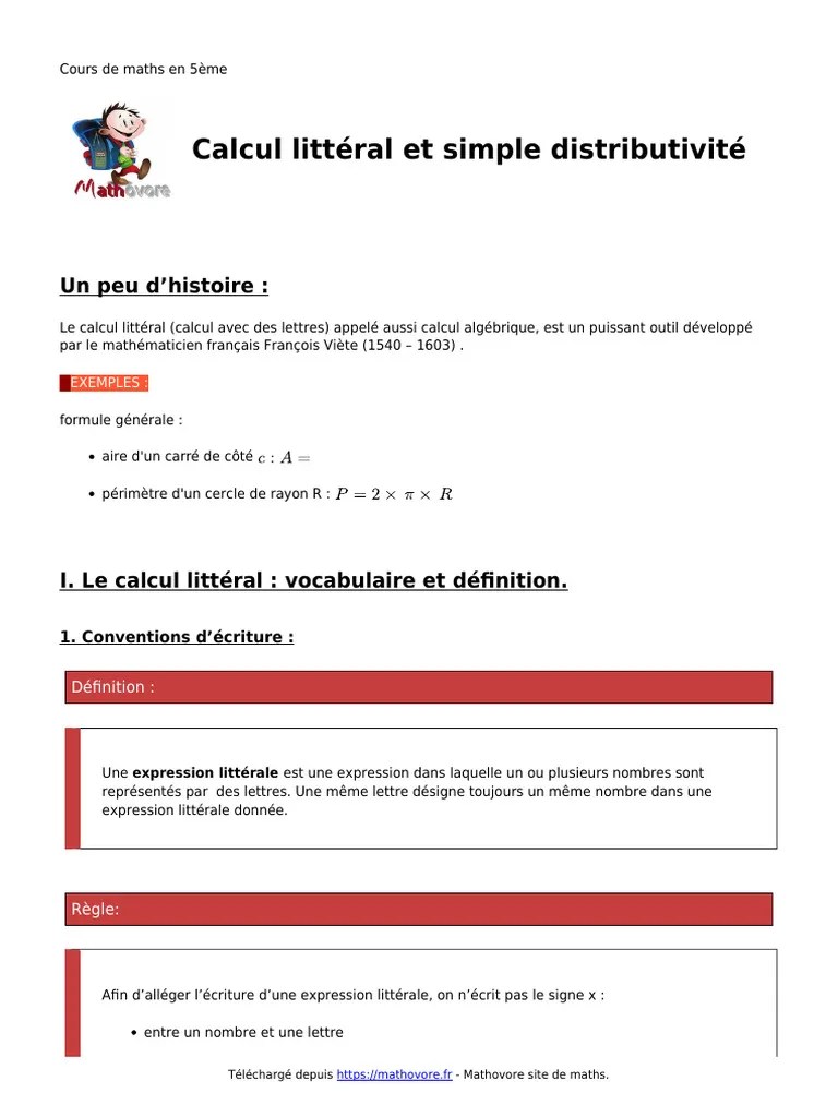 Calcul Litteral Et Simple Distributivite Cours De Maths En 5eme 539 | PDF