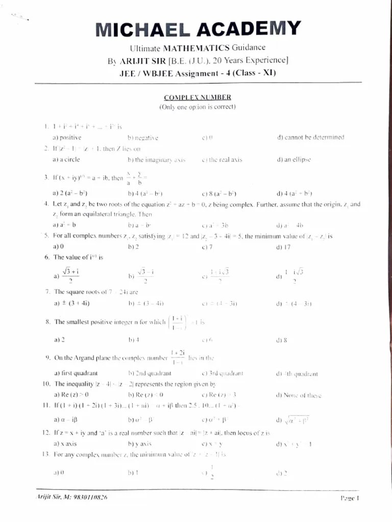Complex Number Jee Assignment | PDF