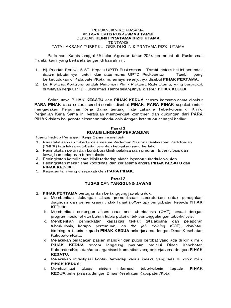 EDIT PERJANJIAN KERJASAMA TBC PKM DGN Klinik Terbaru | PDF