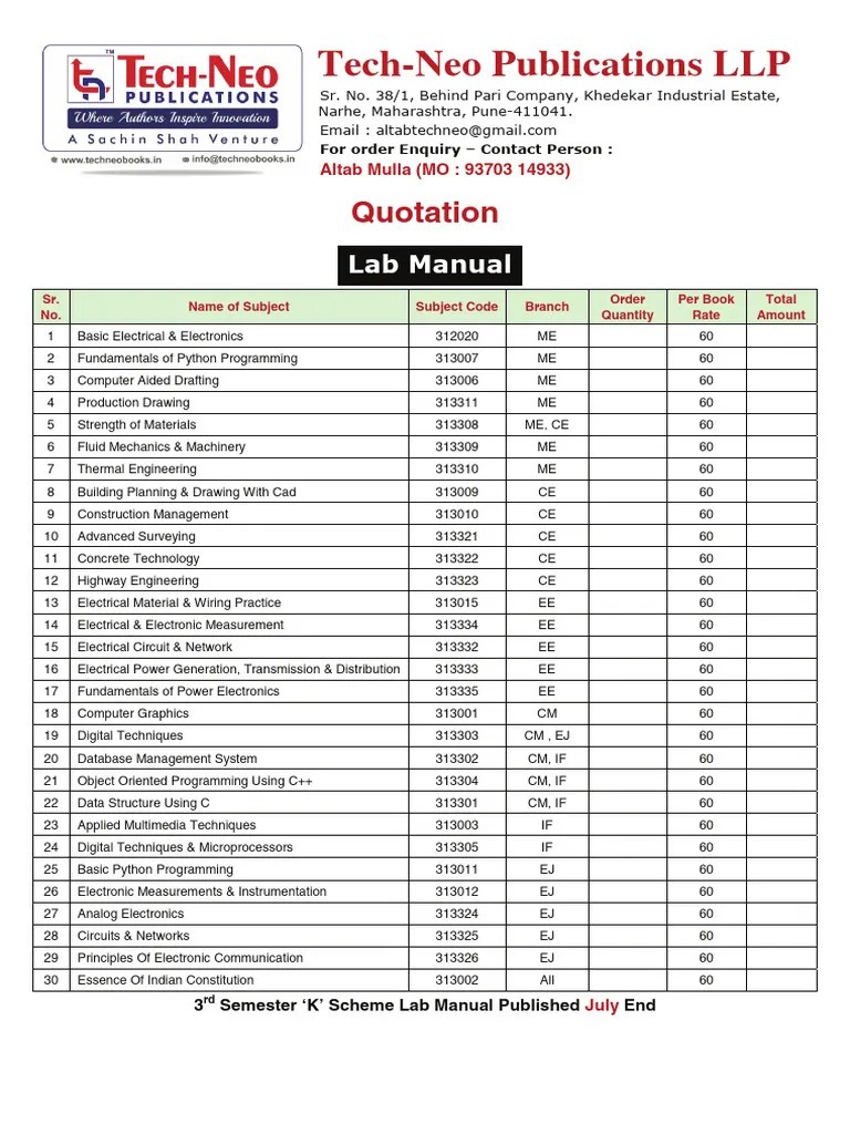 MSBTE-Semester 3 - K Scheme - Lab Manual Quotation | PDF