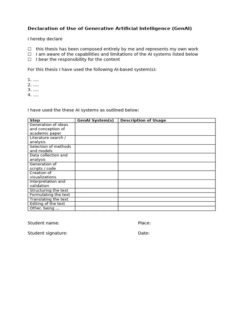 Declaration Of Use Of Generative Artificial Intelligence Genai Pdf