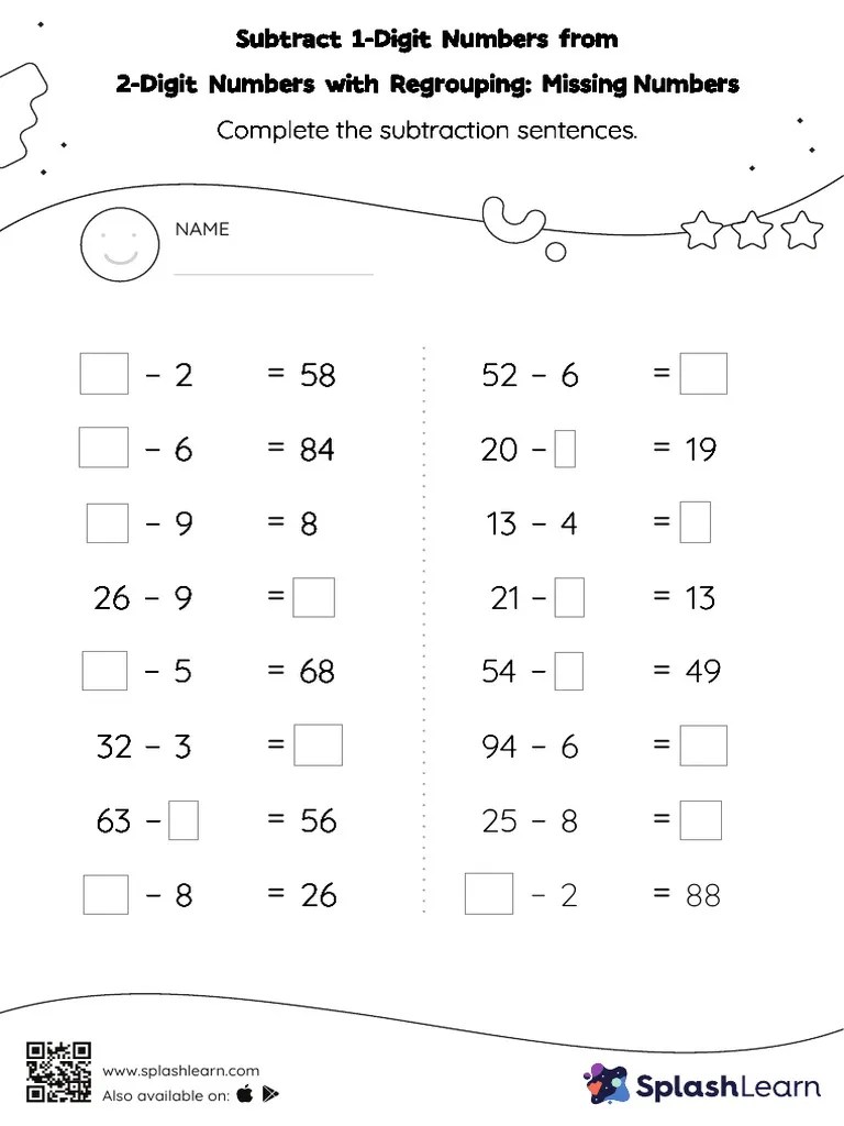 Subtract 1-Digit Numbers From 2-Digit Numbers With Regrouping - Missing ...