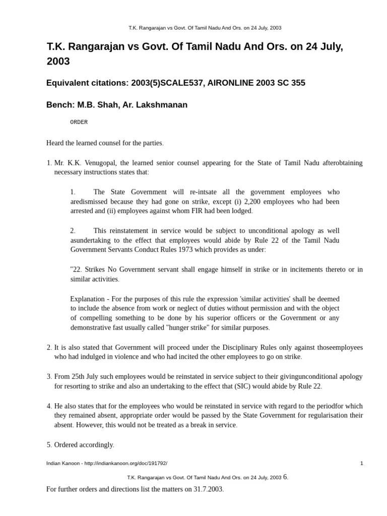 T K Rangarajan Vs Govt Of Tamil Nadu And Ors On 24 July 2003 | PDF | Justice | Finance & Money ...