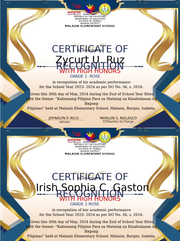 A4 With Honors Certificate Of Recognition Sy 2023 2024 | PDF