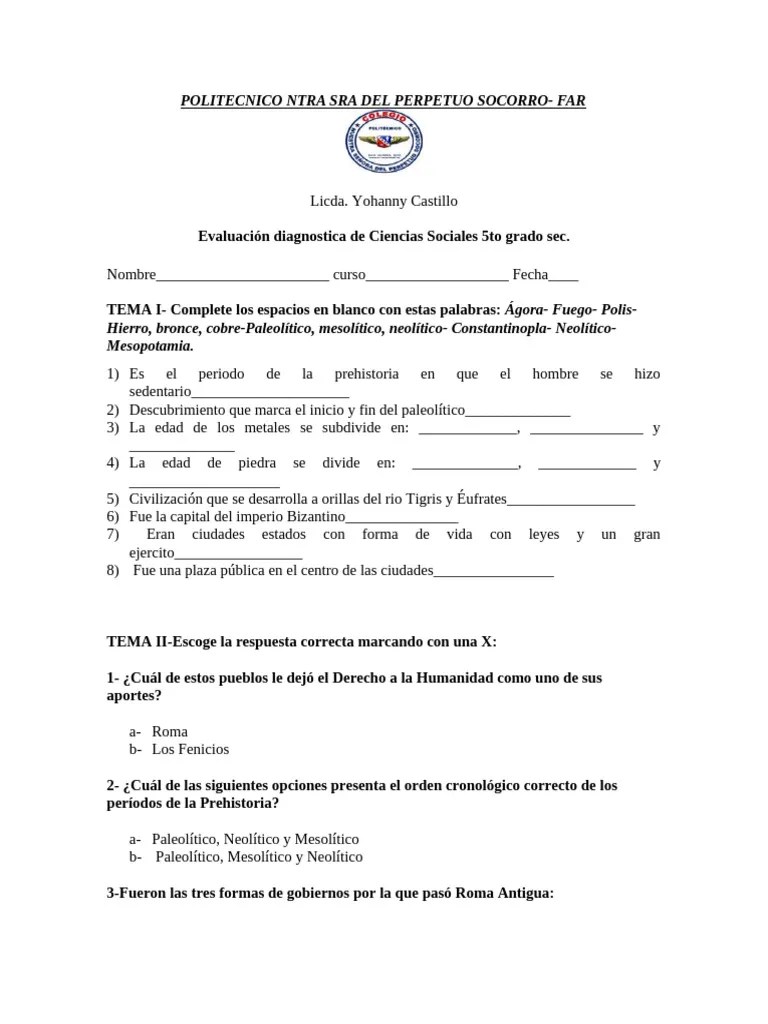 Evaluacion Diagnostica 5to | PDF