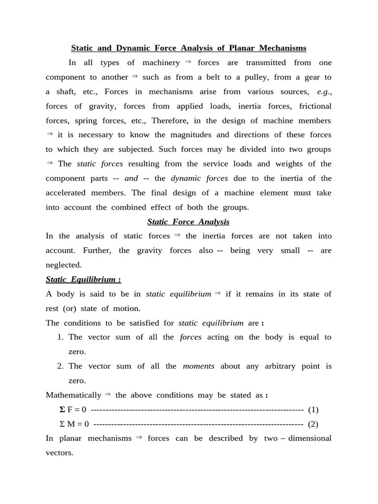 Static And Dynamic Force Analysis Of Planar Mechanisms | PDF