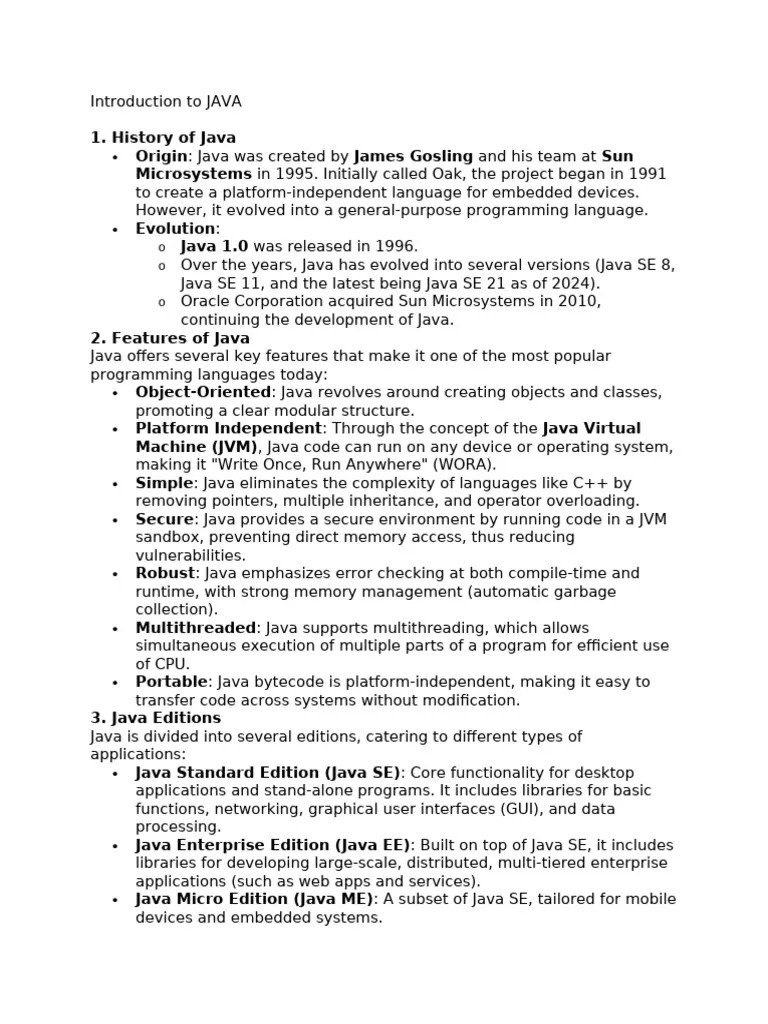 Introduction To JAVA | PDF