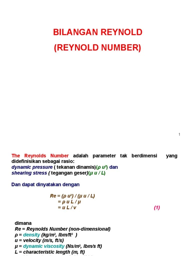 Rumus bilangan reynolds umumnya diberikan sebagai berikut: Bil Reynolds Pdf