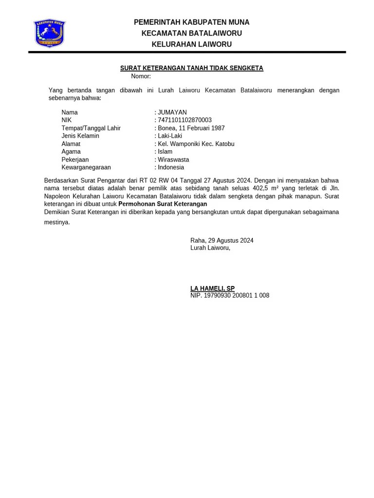 Surat KETERANGAN TANAH TIDAK SENGKETA | PDF