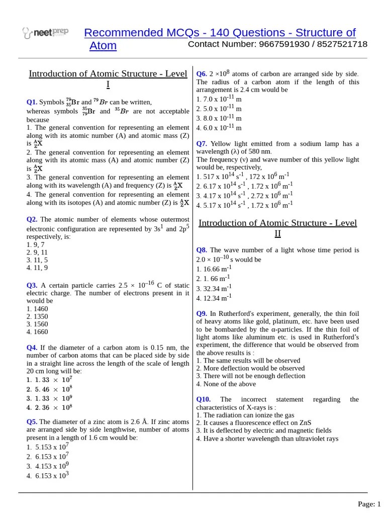 Structure Of Atom [recommended Mcqs] | PDF