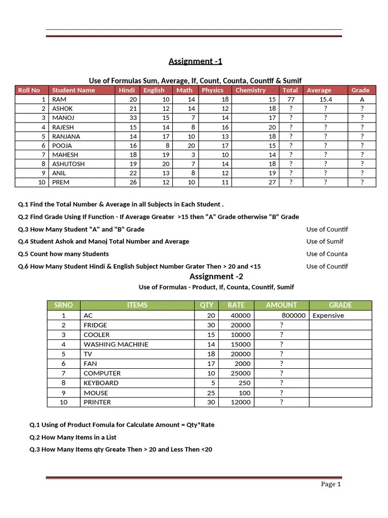 50 Ms Excel Assignments PDF For Practice | PDF